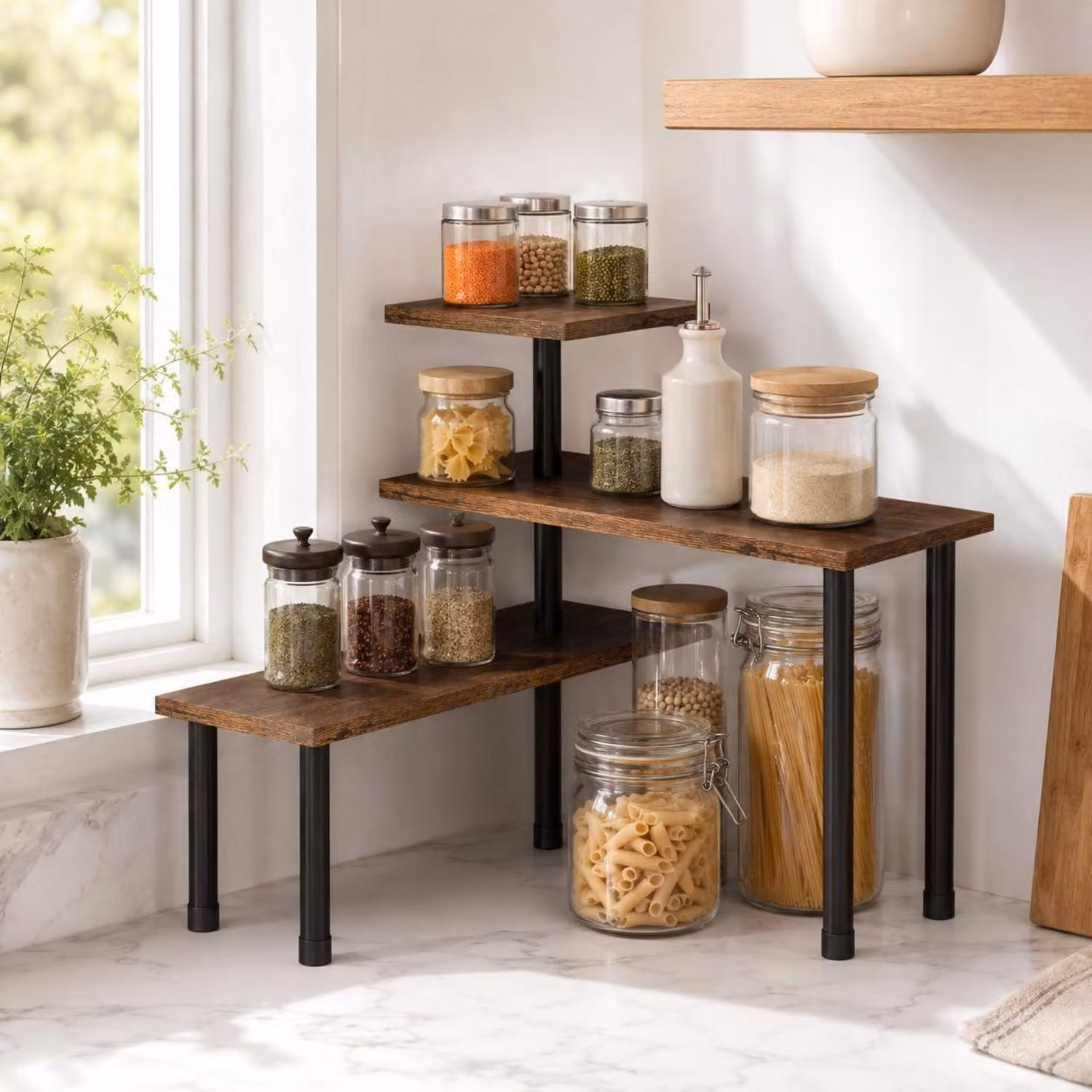 Ripiano per cucina, 3 livelli, piano di lavoro, scaffale angolare, colore marrone