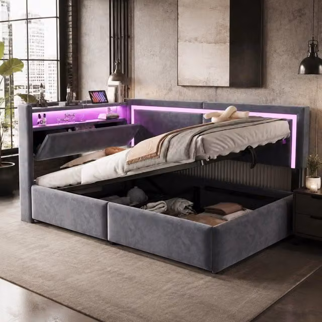 Divano Letto Imbottito 90x200 cm in Velluto Grigio Scuro con Illuminazione LED, Porte USB e Contenitore Idraulico