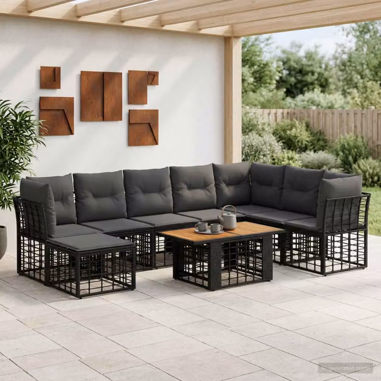 Set Divano da Giardino vidaXL 9 pz in Polyrattan Nero e Grigio con Cuscini e Tavolino