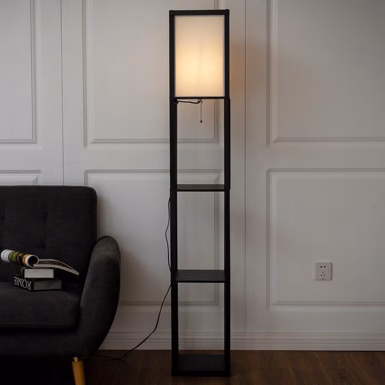 Costway Scaffale con Lampada da Terra e 3 Mensole in Legno e Metallo, Nero