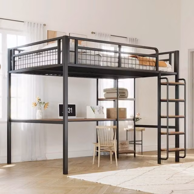 Letto a Soppalco in Metallo con Tavolo e Scaffale ¨C MINIMAL ¨C Nero 140x200