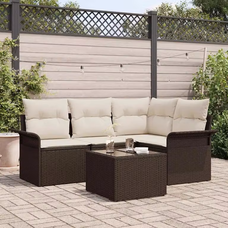 Set Divano da Giardino vidaXL 5 Pezzi Marrone con Poltrone, Divano a L e Tavolino in Polyrattan e Metallo con Cuscini Inclusi
