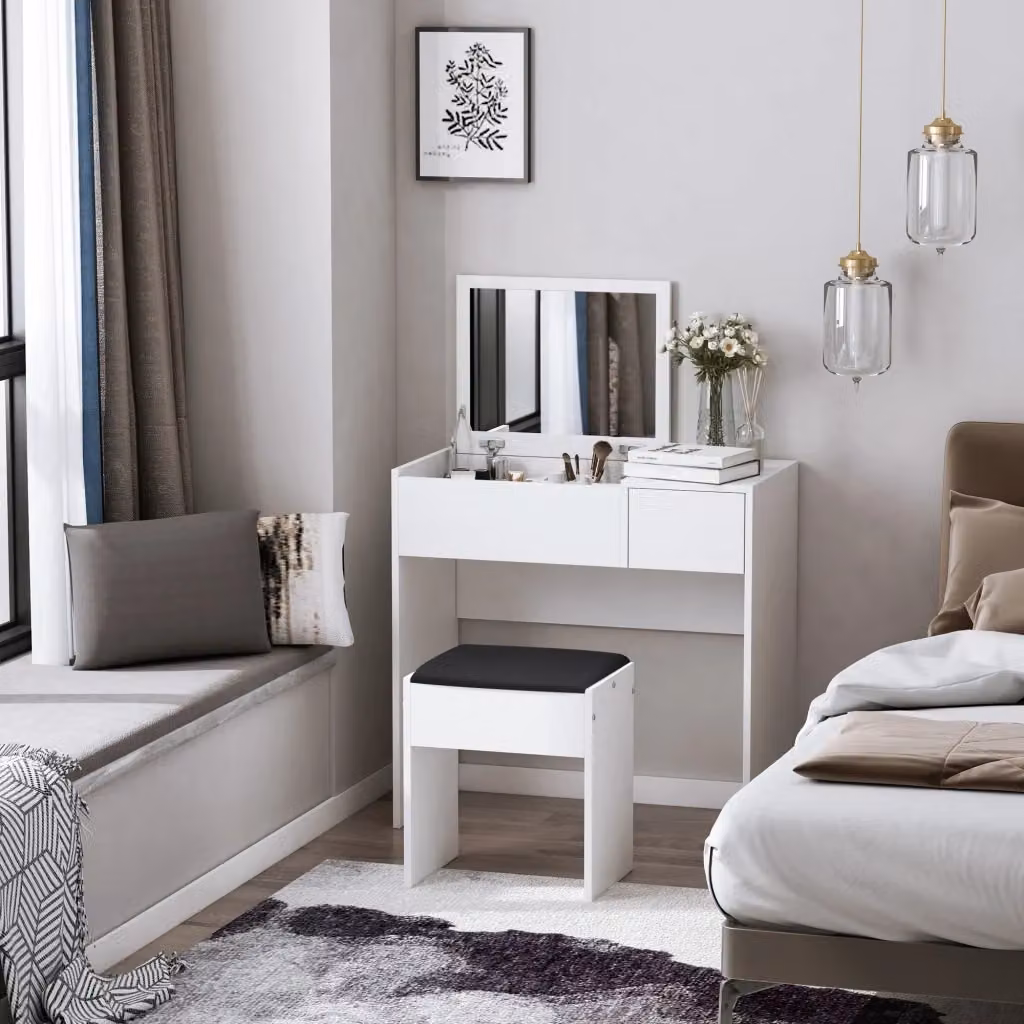 Scrivania da trucco Minimal con specchio e cassetti bianca L: 80 cm, P: 40 cm, H: 79 cm – 2