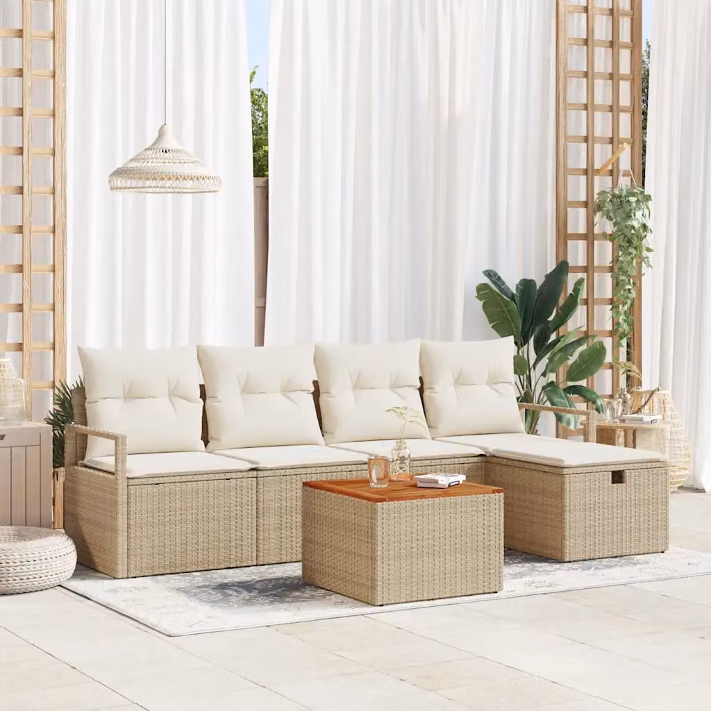 Set Divano da Giardino vidaXL a Forma di L in Polyrattan Beige con Cuscini e Tavolino