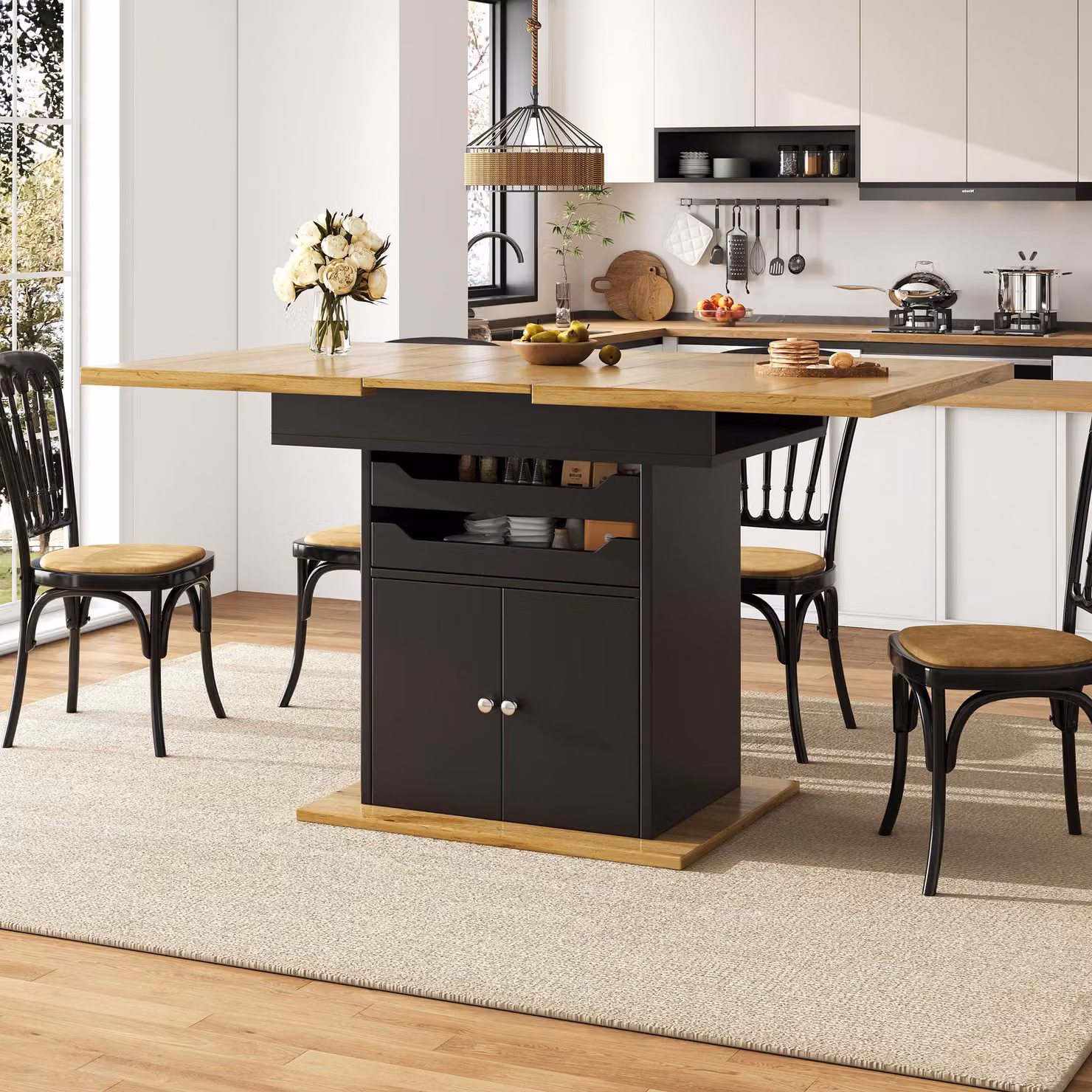 Tavolo da pranzo telescopico Flieks con 2 cassetti e mobile contenitore, tavolo da cucina pieghevole per 4-6 persone, tavolo da pranzo 110-140 x 80 x 76 cm, nero