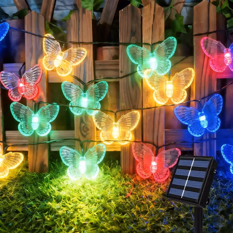 Catena luminosa solare, 6,5 metri, 30 LED a forma di farfalle, multicolore, 8 modalità, impermeabile