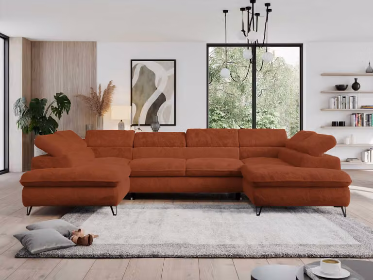 Divano da soggiorno con funzione letto, forma a U, poggiatesta regolabili, box letto - PEDRO U - Plush - Arancione