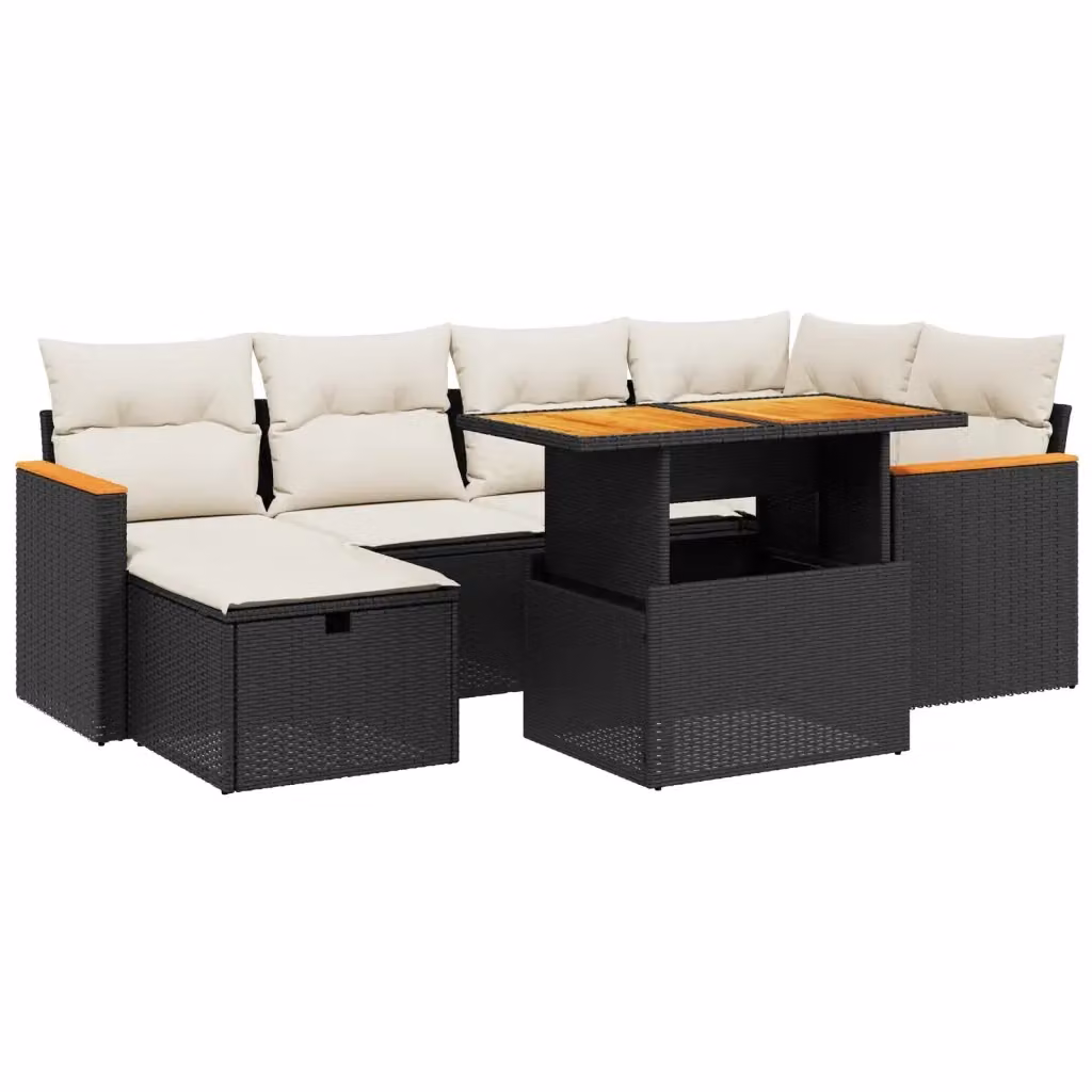 vidaXL Set Divani da Giardino a L in Polyrattan con Cuscini e Tavolino, 7 Pezzi, Nero e Bianco – 2