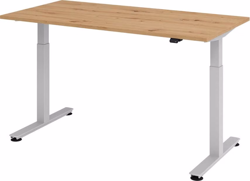 Scrivania Hammerbacher con struttura a "T", motorizzata - 160 x 73-119 x 80 cm, impiallacciatura di faggio chiaro/bianco.