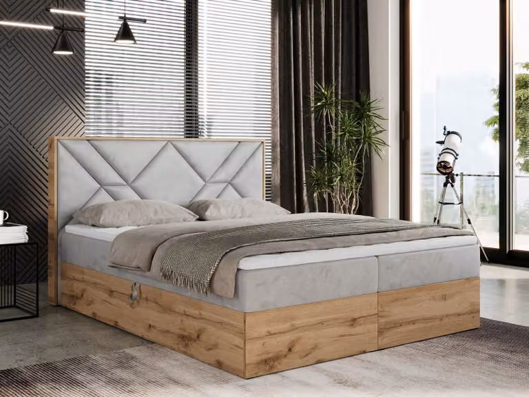 Letto boxspring 180x200 con contenitore, letto imbottito 180x200 con materasso H4, letto boxspring 180x200 con testiera, letto boxspring in legno massello - Gunar - Grigio chiaro Velvet - H4