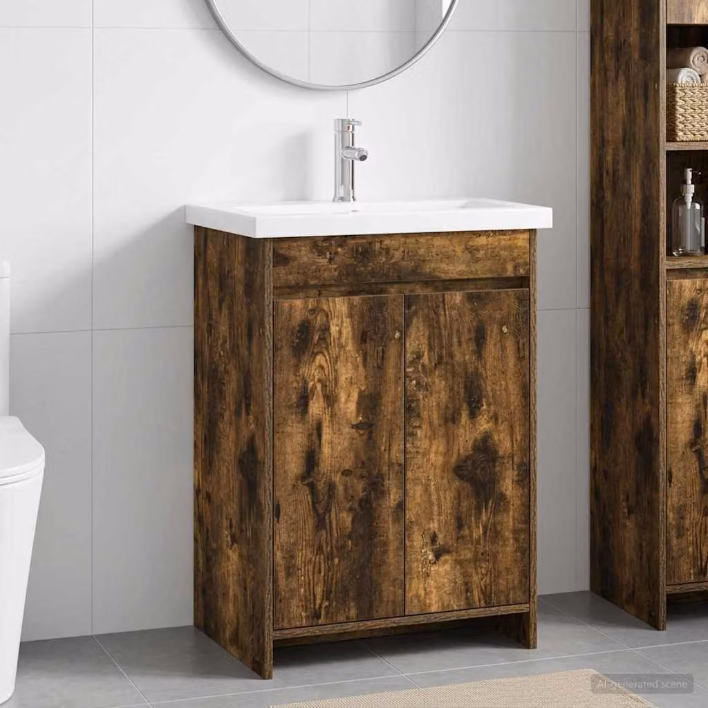 Set di mobili per il bagno moderno vidaXL in legno color rovere fumo con ante a cerniera e ripiani interni L/P/H: 61 x 40 x 84,5 cm