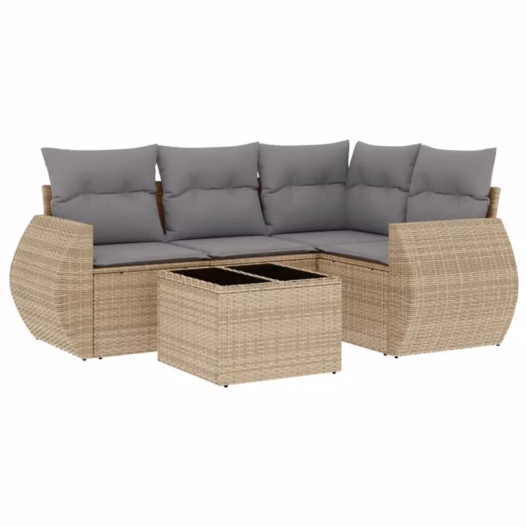 Set Divano da Giardino 5 pz con Cuscini Beige in Polyrattan