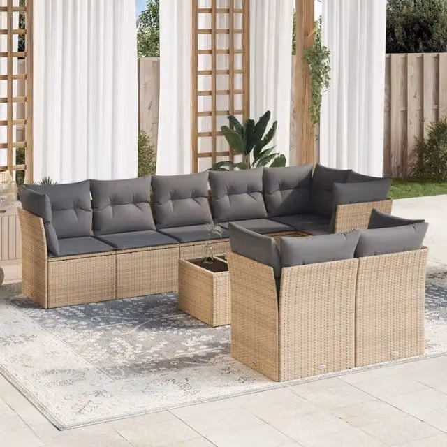 vidaXL Set Divano da Giardino a L 9 pz in Polyrattan con Cuscini Beige e Tavolino da Esterno