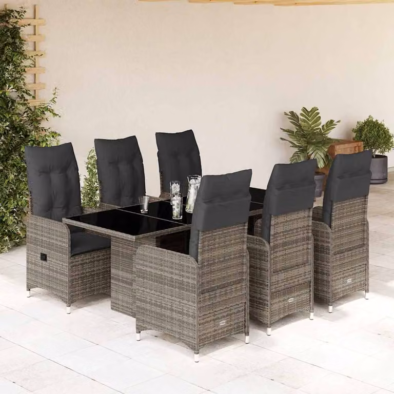 Set Bistrò da Giardino vidaXL 7 pz in Polyrattan Grigio con Cuscini e Piano in Vetro