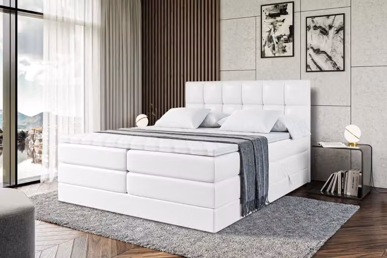 Letto boxspring ALTDECOR con materasso e rete a doghe - RICAR KING 120x200 cm - Pelle finta bianca - Topper, letto imbottito con contenitore, letto con vano portaoggetti H3 e H4 - Materasso, letto matrimoniale, letto boxspring