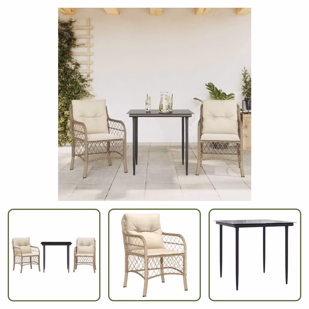 The Living Store Set da bistrot 3 pezzi con cuscini Beige poly rattan