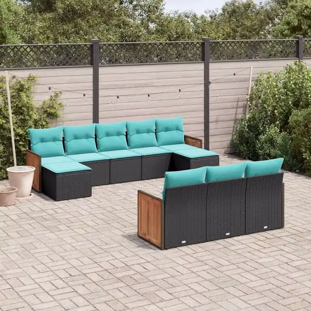 Set Divani da Giardino 10 pz con Cuscini Nero in Polyrattan 3228094