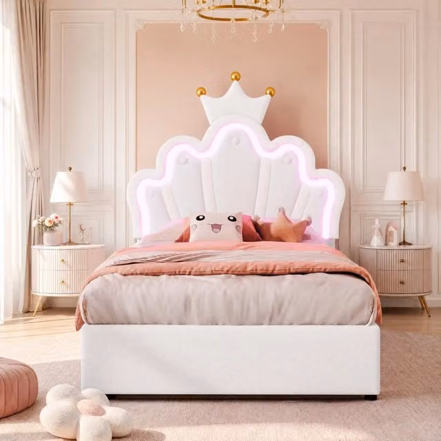 Letto imbottito per bambini 90x200 cm con luci LED colorate, 2 cassetti, testiera regolabile, design corona, PU bianco