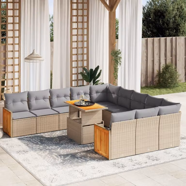 vidaXL Set Divani da Giardino 11 pz in Polyrattan Beige con Cuscini e Tavolino