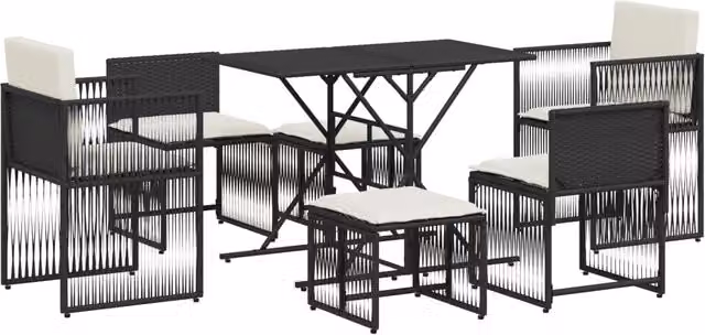 Set da Pranzo da Giardino Moderno in Polyrattan Nero con Cuscini Bianchi, 7 Pezzi – 1