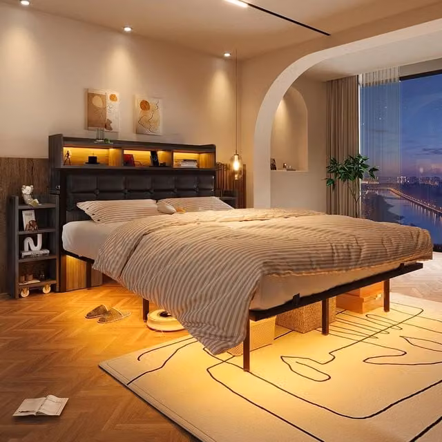 Letto matrimoniale - Xylo - 140x190 cm - Grigio - Testiera, comodini scorrevoli, ricarica USB/LED