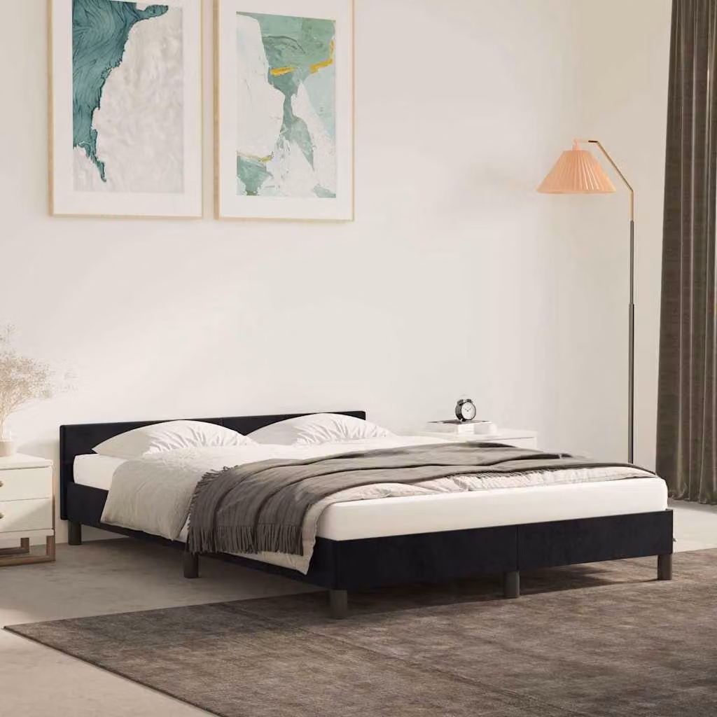 vidaXL Giroletto in Velluto Nero con Doghe in Legno L/P/H: 140 x 200 x 146 cm