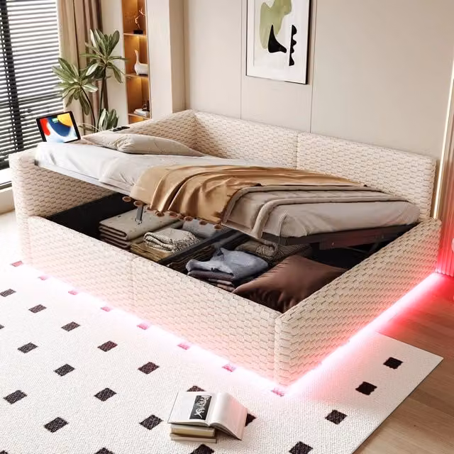 Letto Imbottito 140x200 con LED e USB ¨C Xylo ¨C Velluto Beige, Struttura Idraulica