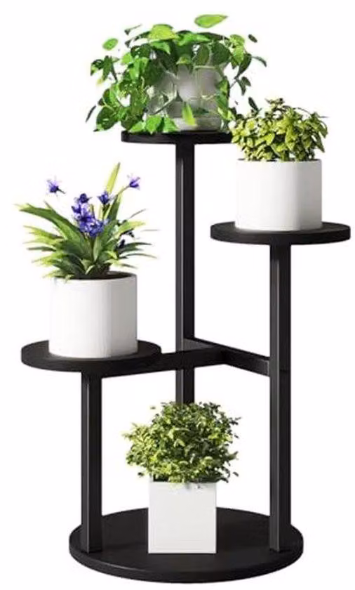 Tavolino da interno a quattro piani per piante, mobiletto in metallo e legno alto 52,5 cm, ideale per diverse piante, tavolino angolare a più livelli per soggiorno, terrazza, giardino sul balcone, colore nero