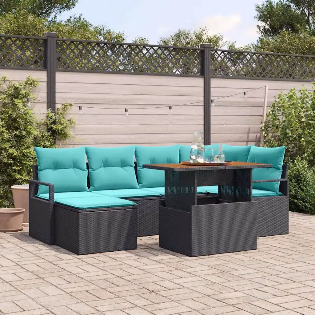 Set Divano da Giardino vidaXL 7 Pezzi in Polyrattan con Cuscini, Colore Nero e Petrol/Turchese