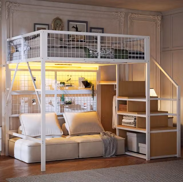 Letto a soppalco 140x200 cm con scala contenitore; armadio aperto e LED APP in metallo bianco