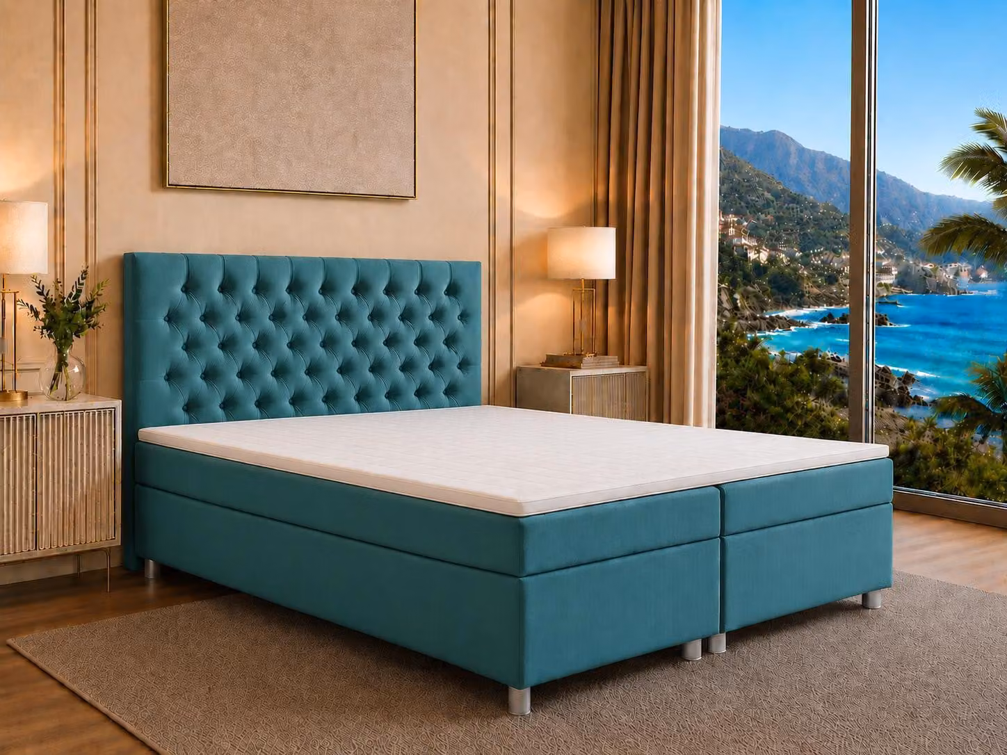 Best for Home Letto boxspring con contenitore Trinity K-14 con molle Bonell, topper incluso - 180x200 - Turchese