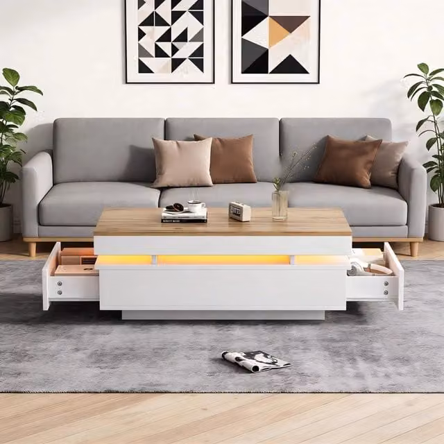 Tavolino da salotto bianco e legno con 2 cassetti; tavolino led lucido 100x50x35 cm