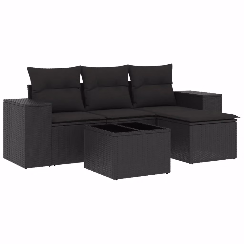 vidaXL Set Divani da Giardino a L 5 pz in Polyrattan Nero con Cuscini e Tavolino da Esterno – 2