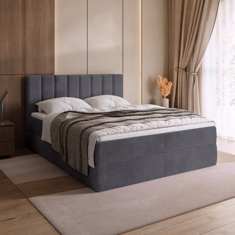 BroMARKT letto a molle DENVER con 2 reti, materasso Bonell, letto imbottito, letto, tessuto a coste (grigio scuro, POSO 60, 140x200 cm)