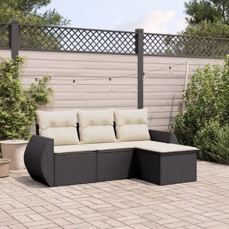 Set di divani da giardino vidaXL a forma di L composto da 4 pezzi con cuscini, polyrattan e struttura in acciaio nero