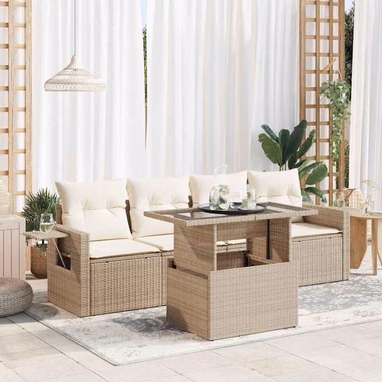 Set Divano da Giardino vidaXL 5 pz in Polyrattan con Cuscini Beige e Tavolino da Esterno