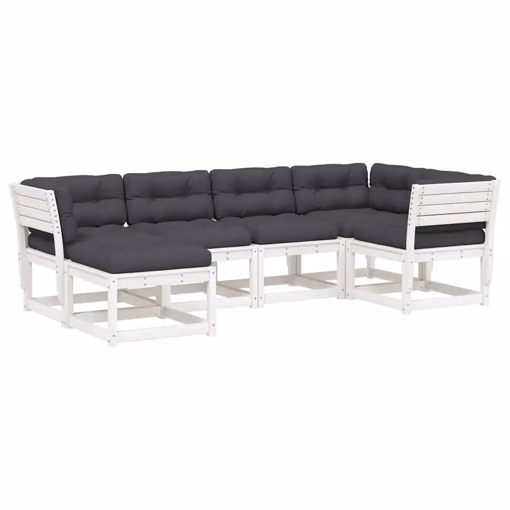 Set di divani da giardino vidaXL in legno massello di pino con cuscini bianchi e antracite, composizione a L con elementi angolari e pouf – 2