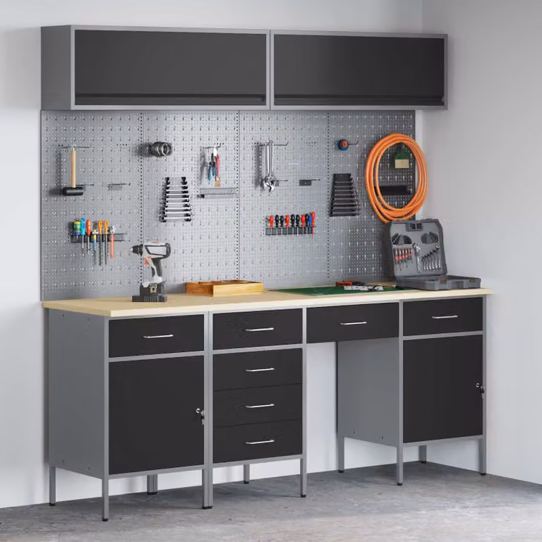 Set di mobili da lavoro vidaXL 10 pezzi in acciaio e legno con cassetto bloccabile, Nero