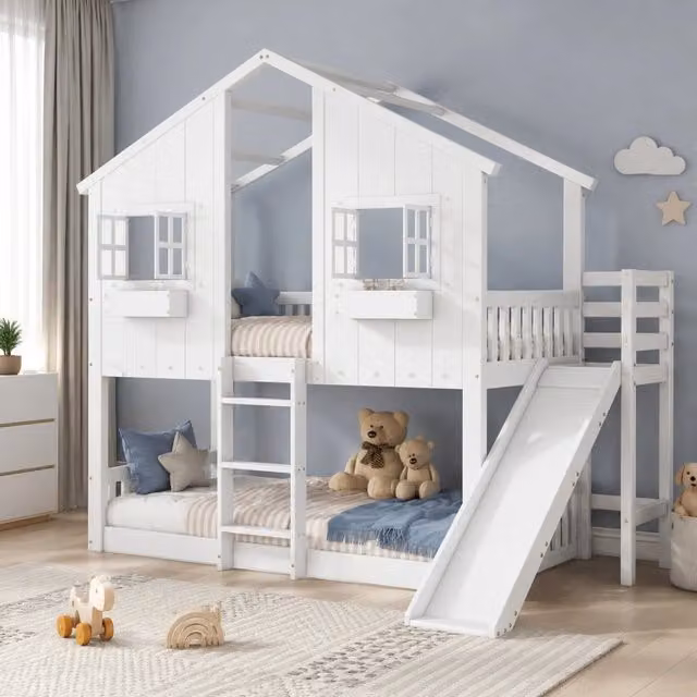 Letto a castello MIVRAY per bambini con scivolo, tetto, finestre e scala a tre gradini, in legno e MDF bianco, L/P/H: 200 x 90 x 158 cm