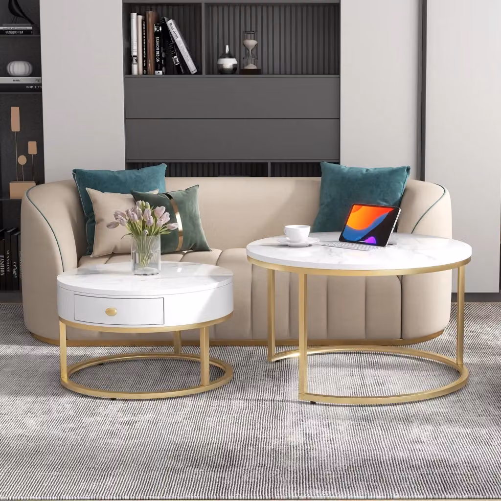 Set di 2 tavolini bassi rotondi Mivray con piano in MDF bianco lucido e struttura in metallo dorato – 2