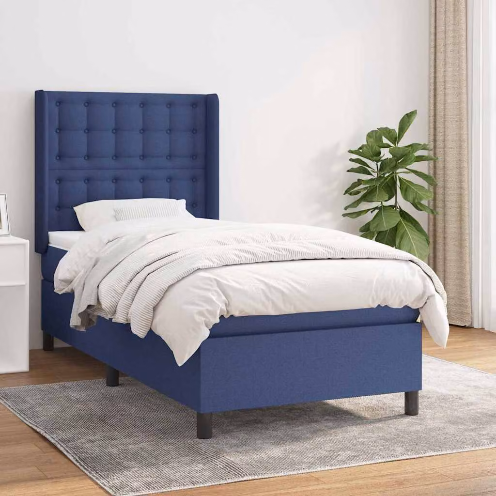 vidaXL Giroletto a Molle con Materasso Blu e Bianco in Tessuto, L/P/H: 90 x 200 x 128 cm – 1