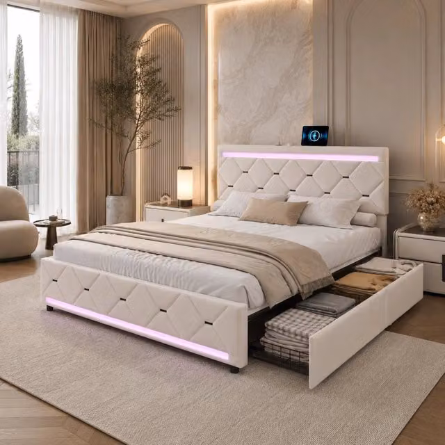 Letto matrimoniale imbottito velluto beige 160x200cm, testiera con LED RGB, porte USB-C, 4 cassetti contenitivi, struttura portante 300kg