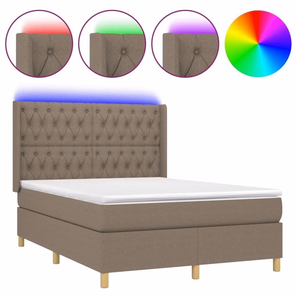 Letto a Molle con Materasso e LED Tortora 140x190 cm in Tessuto