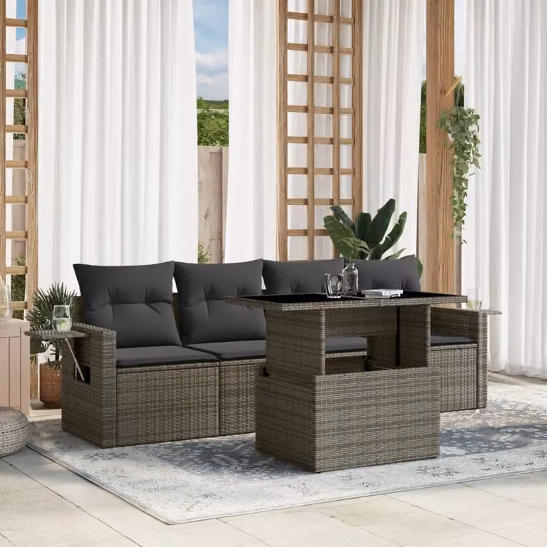 vidaXL Set Divano da Giardino 5 pz Moderno in Polyrattan Grigio con Cuscini Imbottiti e Tavolino