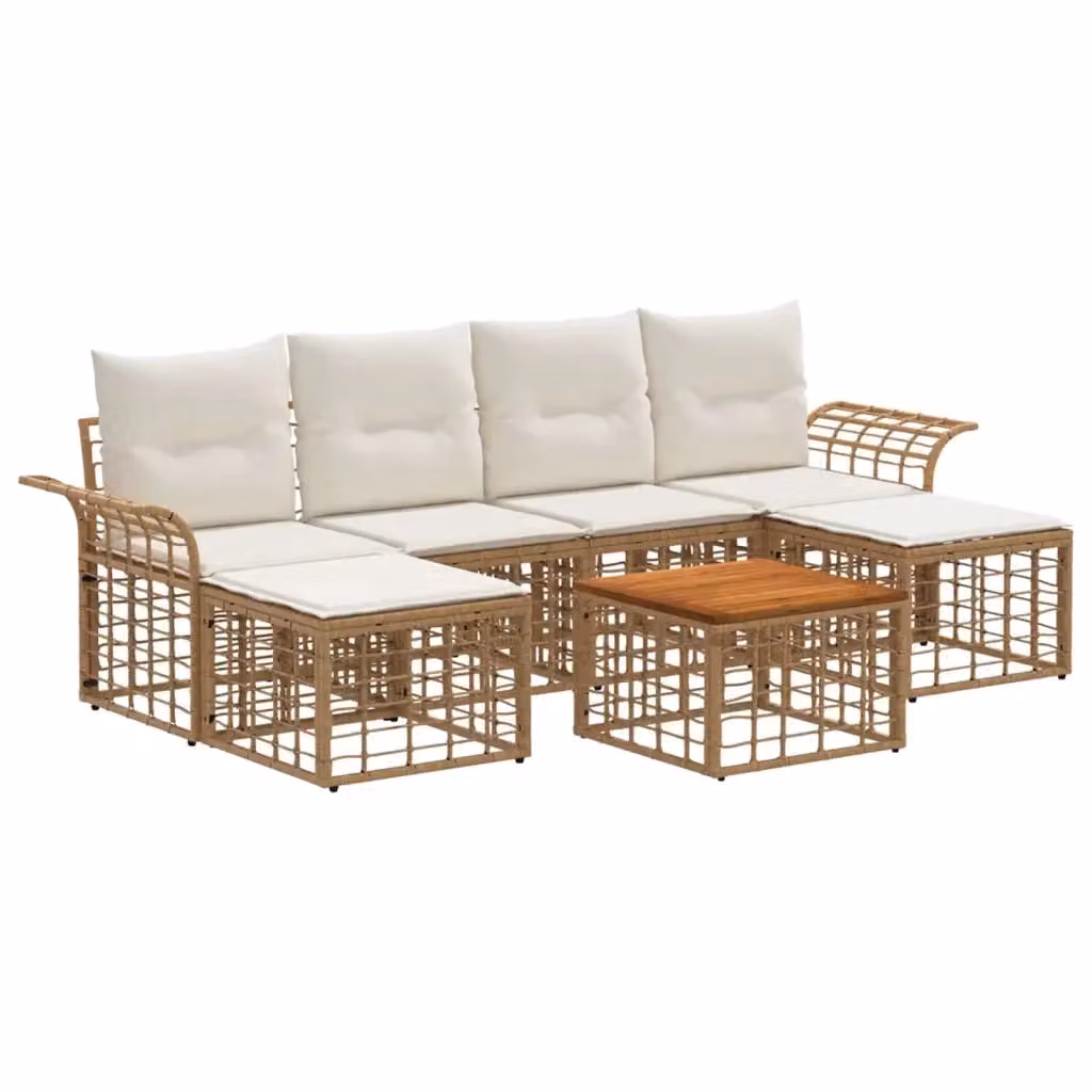 Set di divani da esterno vidaXL a L da 6 posti con 7 pezzi, colore beige e bianco, in stile rustico con struttura in metallo e cuscini inclusi – 2