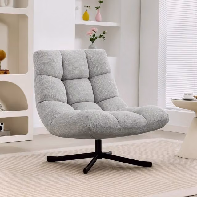 Sedia girevole lounge WISHDOR in ciniglia grigio chiaro con base in metallo e seduta ampia 75 cm