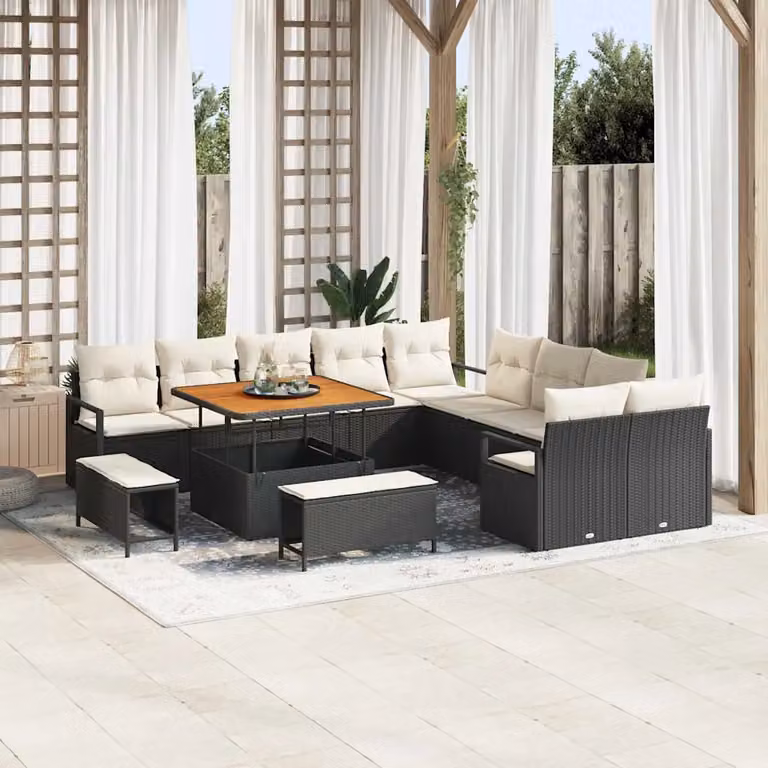 Set Divano da Giardino vidaXL 13 pz Nero con Cuscini e Tavolino in Polyrattan e Acciaio