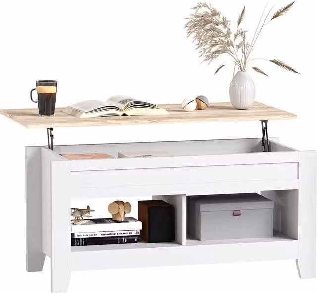 Tavolino da salotto elevabile con spazio di archiviazione ¨C zephmum ¨C bianco e naturale 105x50x49 cm