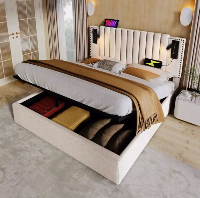 Letto contenitore 140x200 cm beige con luce da lettura e porte USB, senza materasso