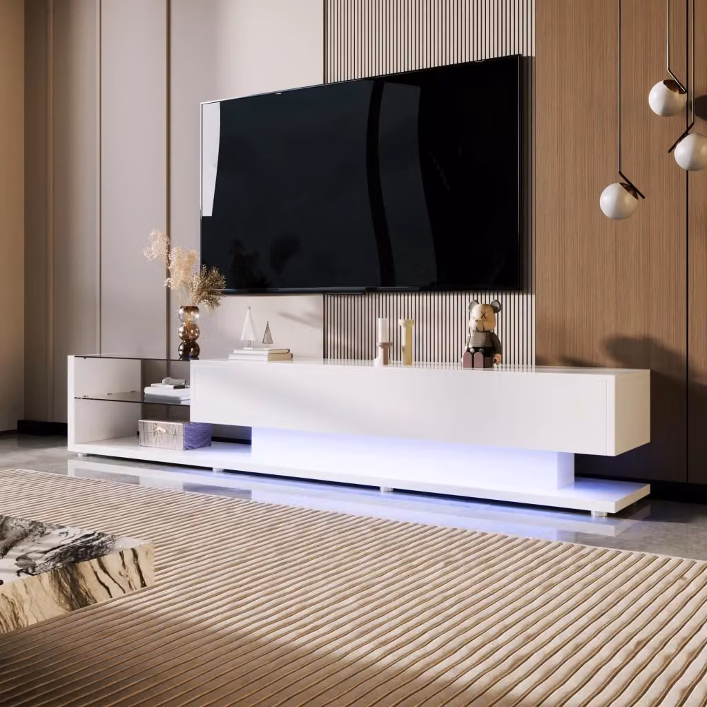 Mobile TV Modern REDOM Bianco Lucido con 2 Cassetti, 2 Ripiani in Vetro e Illuminazione LED L: 170 cm, P: 36 cm, H: 38 cm – 2